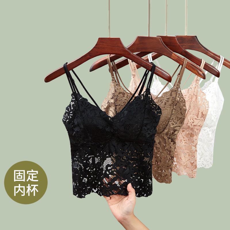 法式蕾丝双肩带燕尾美背吊带背心女外穿裹胸聚拢乳胶固定杯内衣女