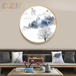 新中式圆形山水画客厅入户玄关沙发背景墙装饰画过道晶瓷挂画壁t8