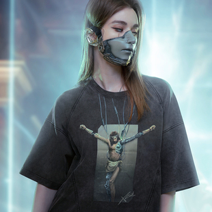 不作恶「智械重生- J型」赛博朋克宽松水洗渐变拔染印花短袖T恤