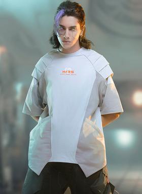 不作恶「矩阵特攻短恤」赛博朋克街头宽松机甲网眼拼色短袖T恤夏