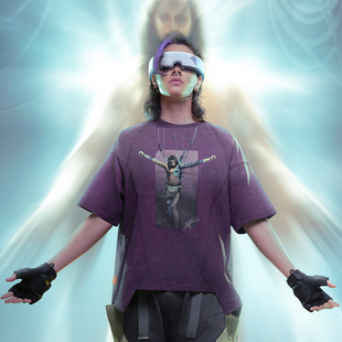 不作恶「智械重生- J型」赛博朋克宽松水洗渐变拔染印花短袖T恤