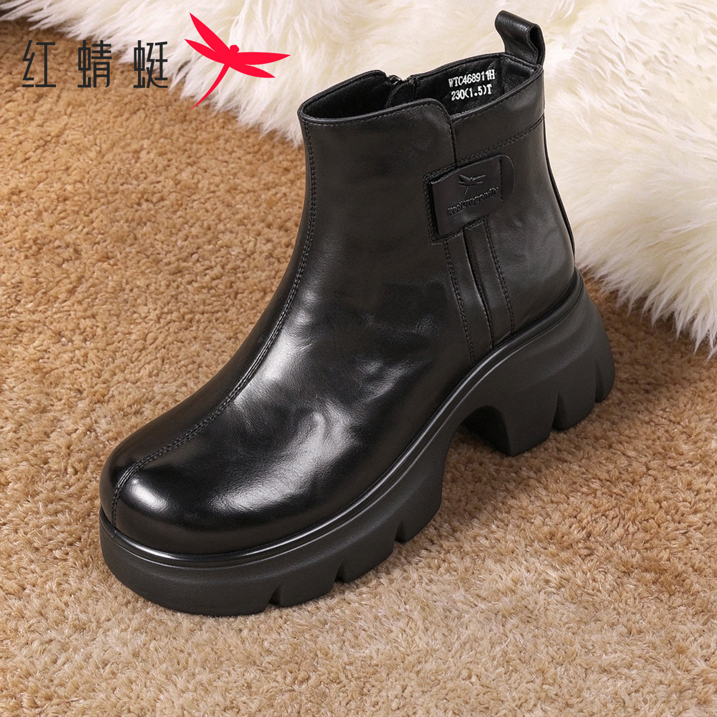 红蜻蜓女鞋牛皮加绒保暖通勤短靴