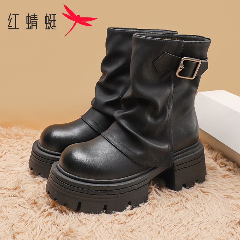 红蜻蜓厚底马丁靴冬季中短筒
