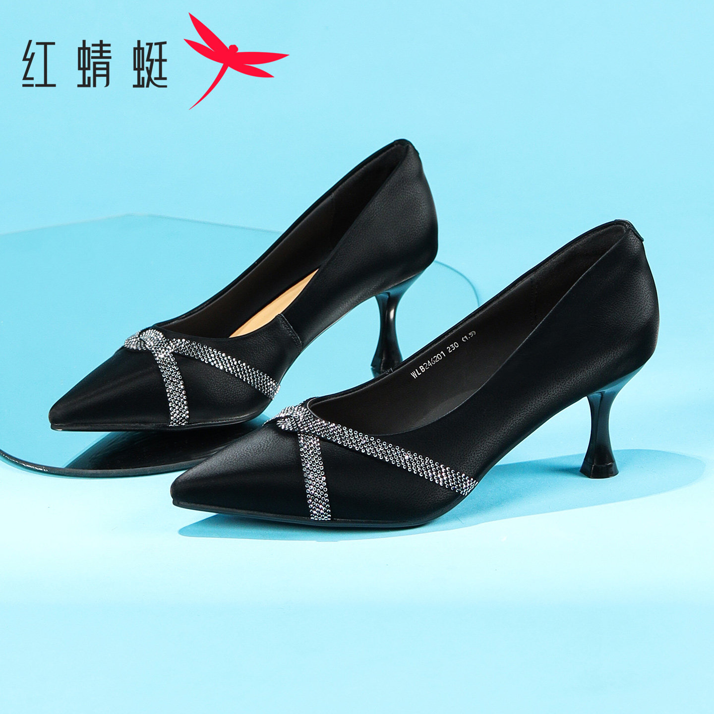 红蜻蜓高跟鞋通勤尖头牛皮夏季