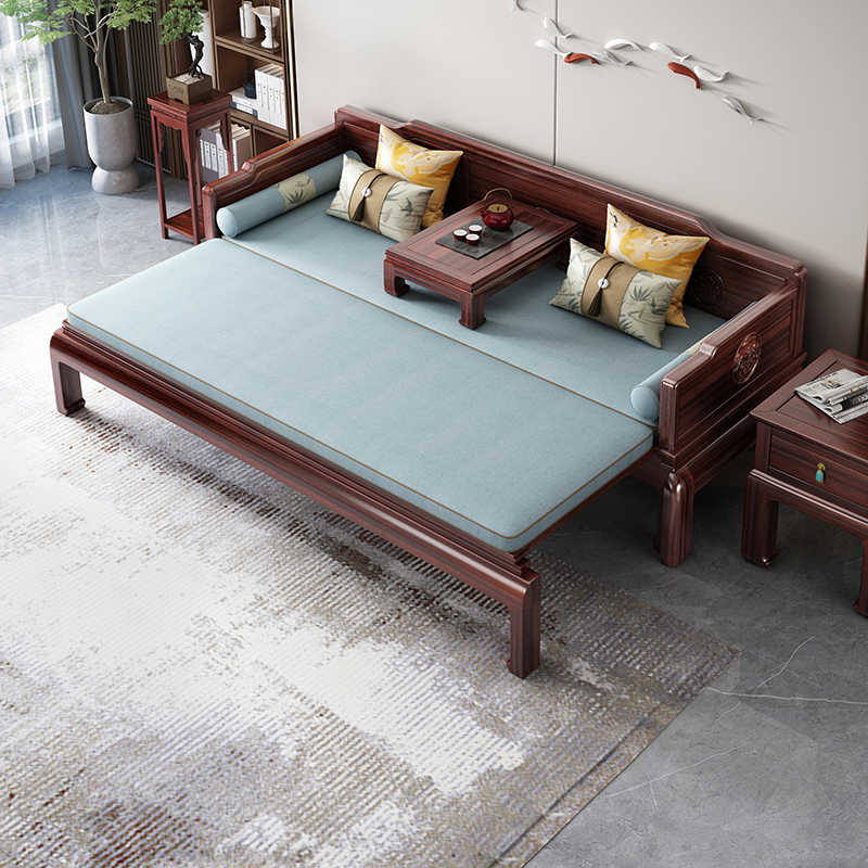 新中式实木沙发床两用多功能懒人推拉折叠伸缩罗汉乌金木客厅家具