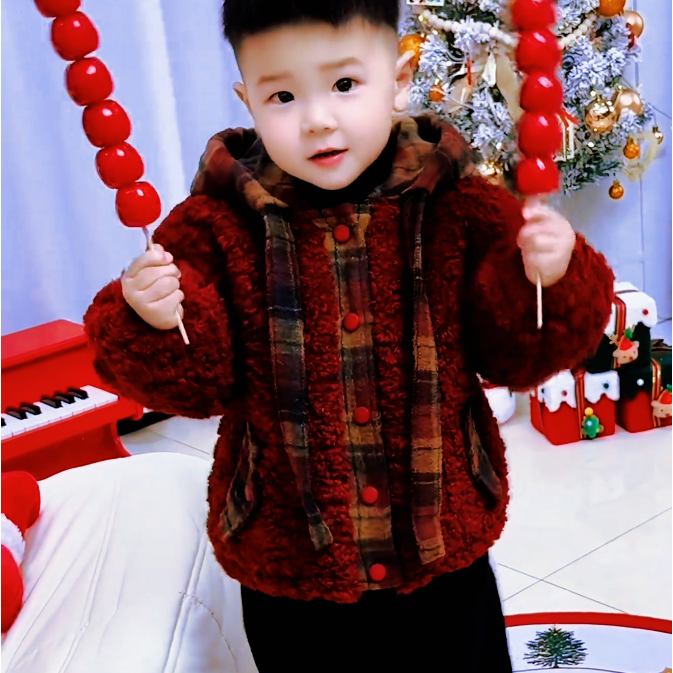男童冬装外套红色新款儿童冬季加绒加厚棉衣男女宝宝保暖毛衣