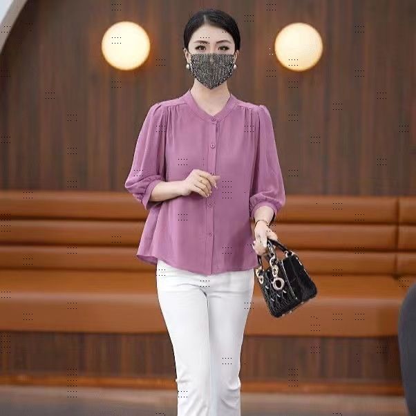 夏季新款雪纺衬衫女士显瘦减龄中袖上衣时尚休闲衬衣女