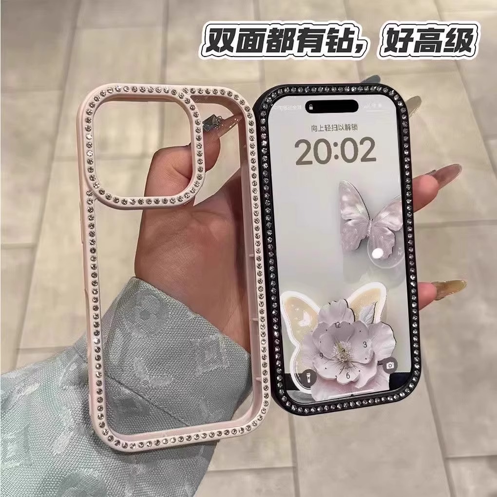 ins风双面镶钻水钻适用苹果16手机壳15promax透明高级感粉色14小众13爆款12大孔防摔11pm网红女保护套