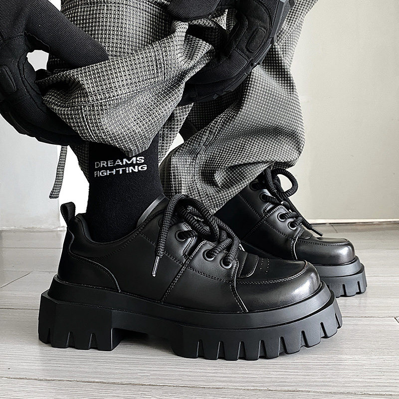 小众机能风运动德比鞋子松糕双层厚底男鞋增高百搭擦色休闲皮鞋潮