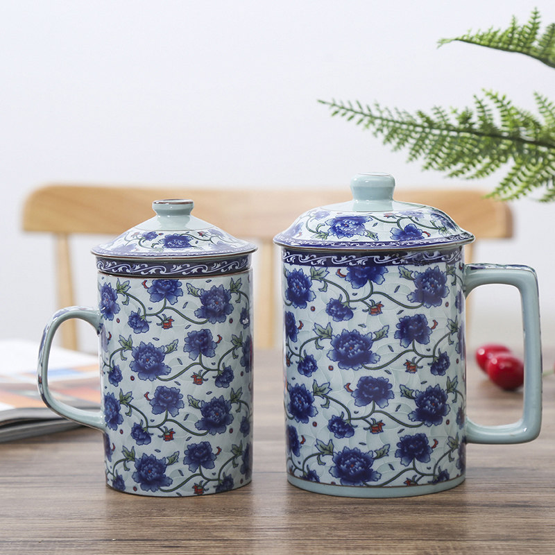 冠福青花瓷陶瓷茶杯茶水分离带盖办公室个人泡茶杯子复古茶具