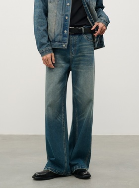 DIMC复古做旧破边水洗牛仔裤 直筒显瘦蓝色男生长裤