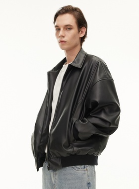 DIMC立体钢印LOGO皮衣 潮流黑色PU外套男士夹棉宽松休闲机车夹克