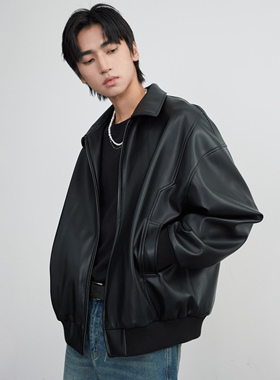 DIMC立体刺绣字母PU皮衣 潮流黑色翻领休闲外套男机车夹克