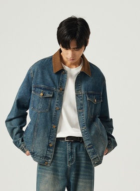 DIMC皮领复古撞色牛仔夹克 春秋新款宽松休闲蓝色男生外套