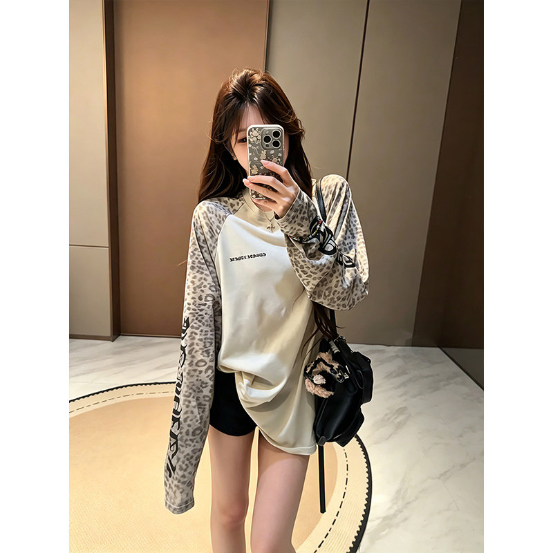 美式豹纹长袖宽松薄款防晒T恤女