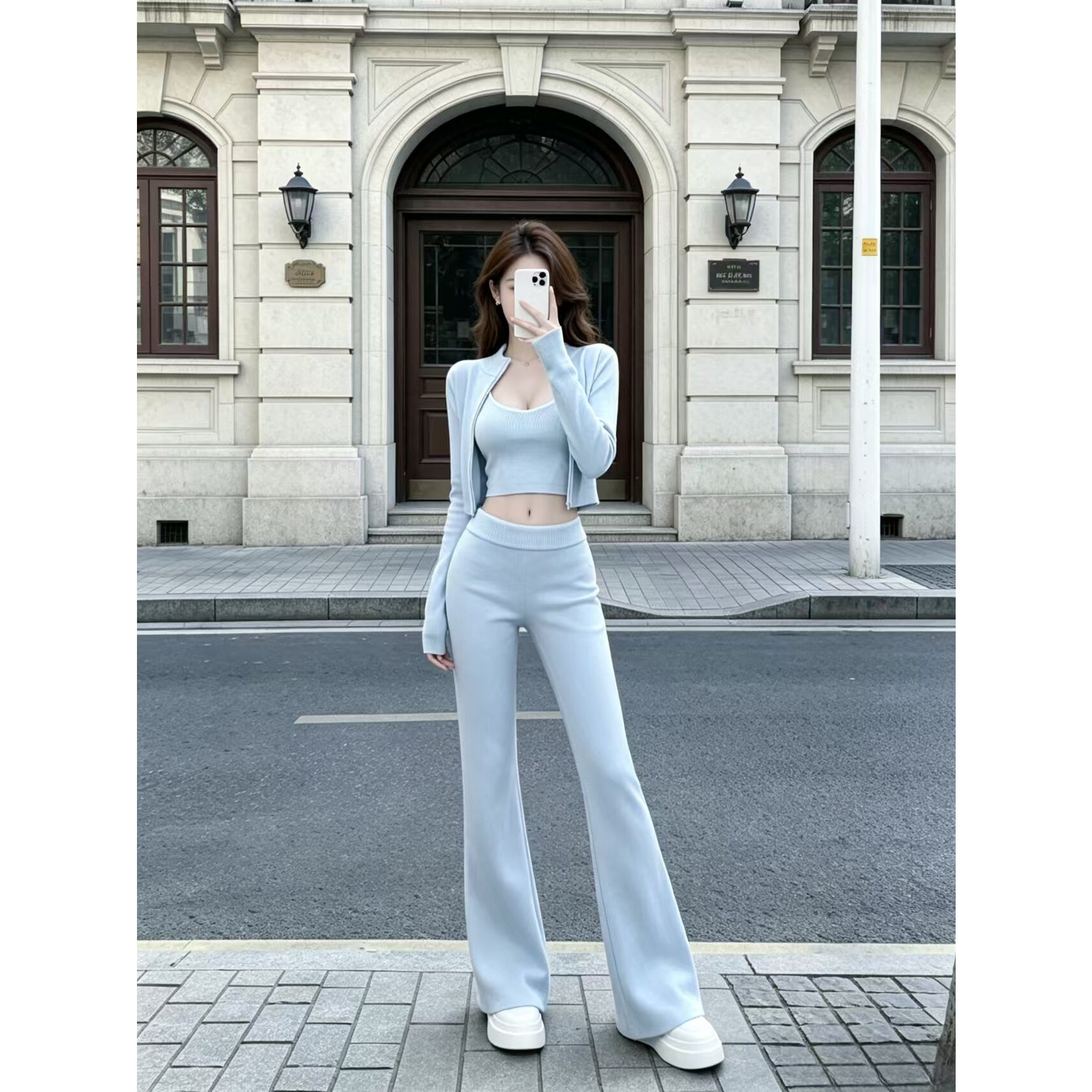 小香风蓝色针织修身显瘦三件套