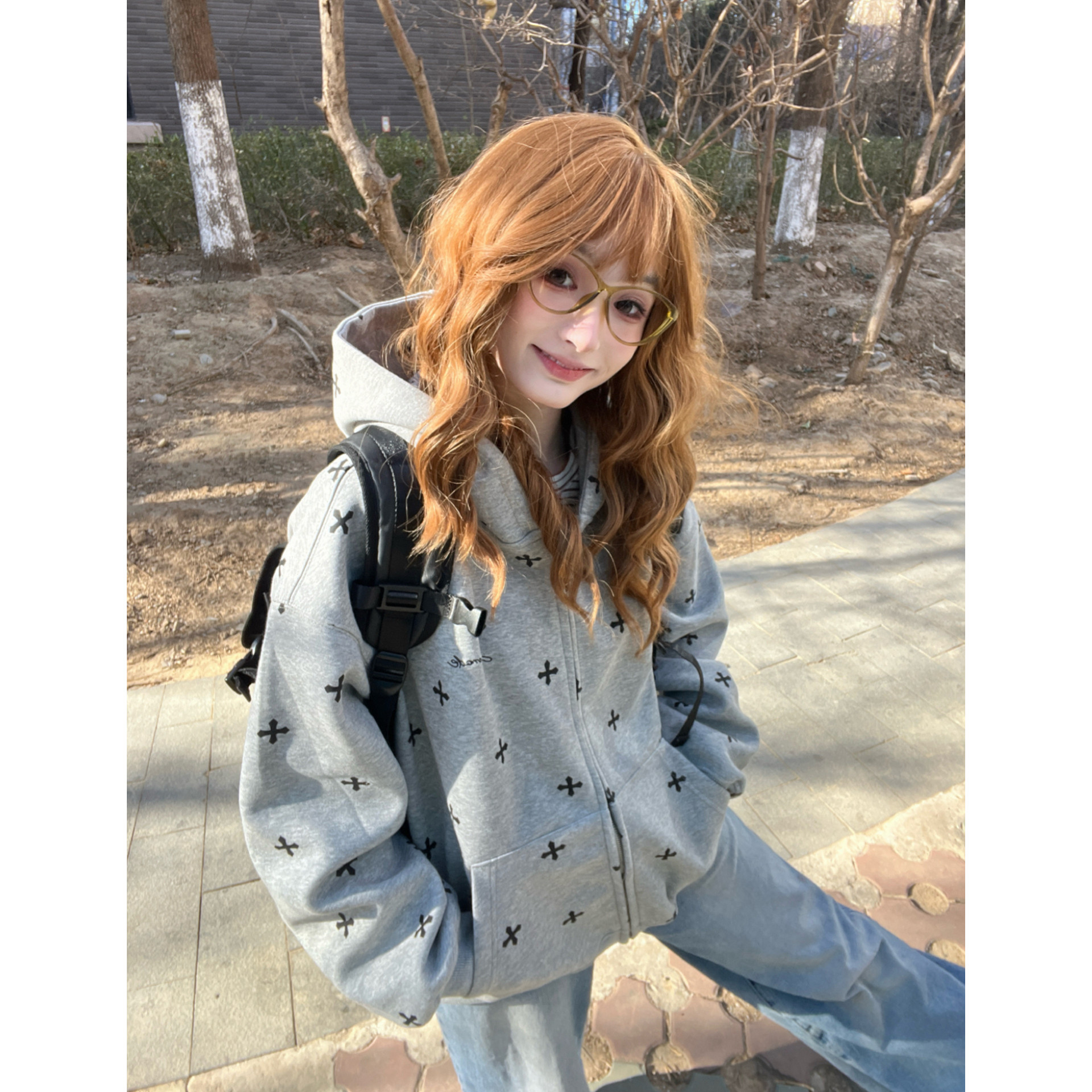 美式拼接满印十字架连帽灰色拉链卫衣女秋季宽松薄款百搭慵懒外套