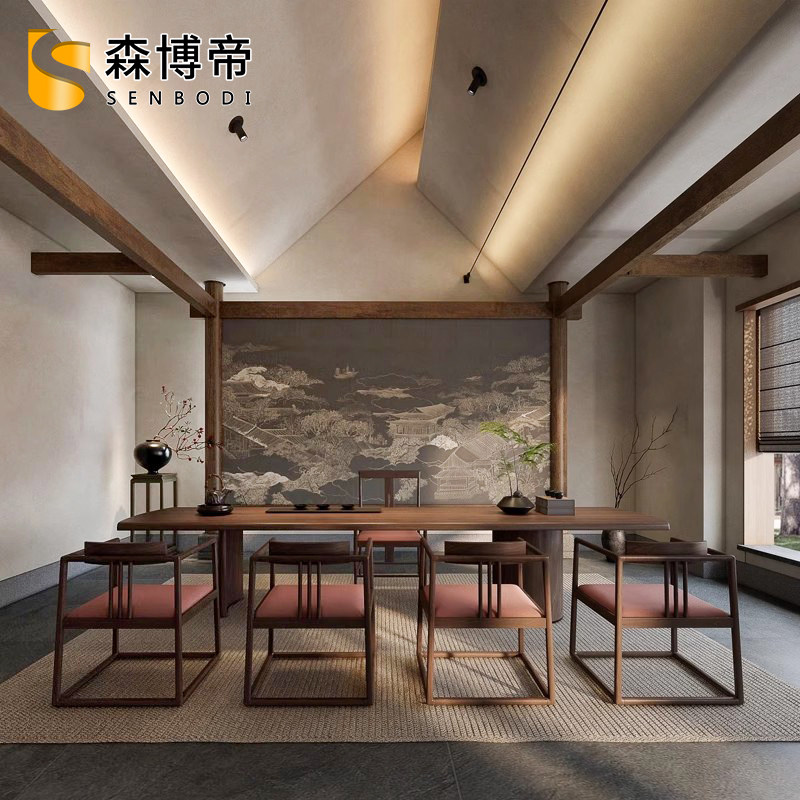 新中式酒店大板茶桌办公接待会客功夫泡茶台茶室大厅休闲茶台定制