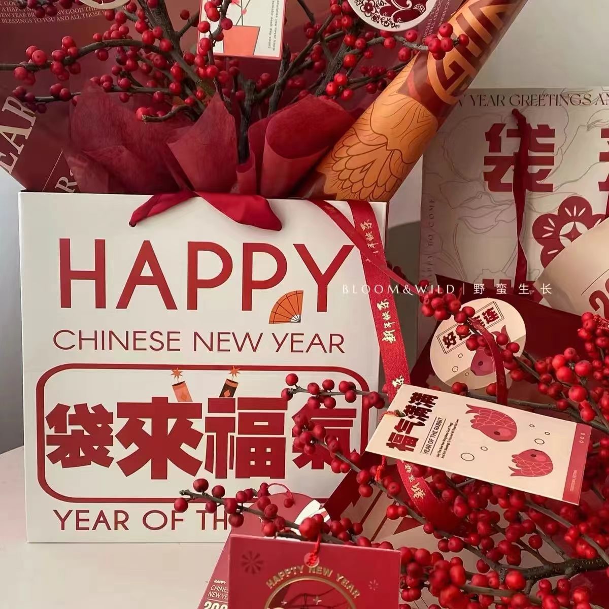 福气款节日送礼手提袋红色喜庆鲜花水果摆件正方形印花伴手礼品袋