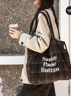 Moreover周日暂停键格纹托特包 大容量帆布包手提包女单肩包时尚