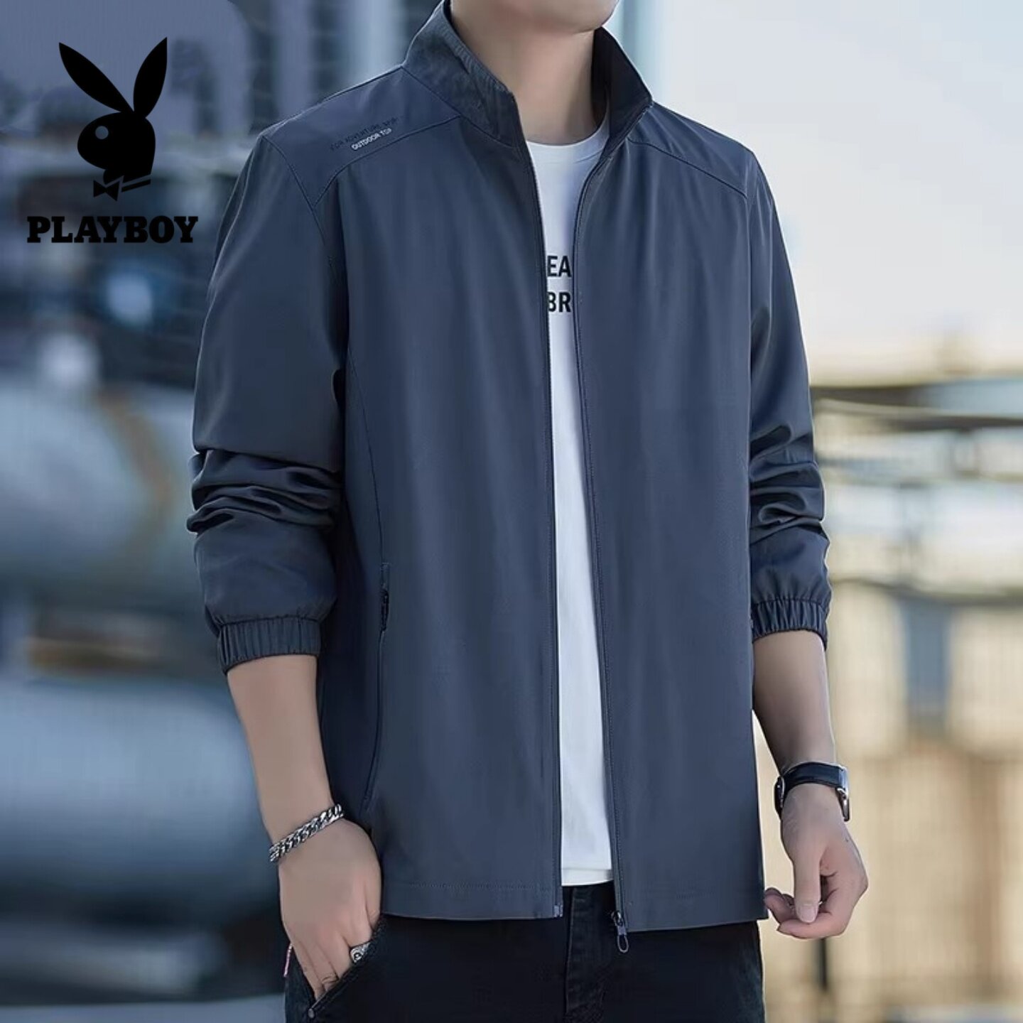 花花公子立领外套男士夏季薄款商务休闲夹克户外运动中年简约上衣