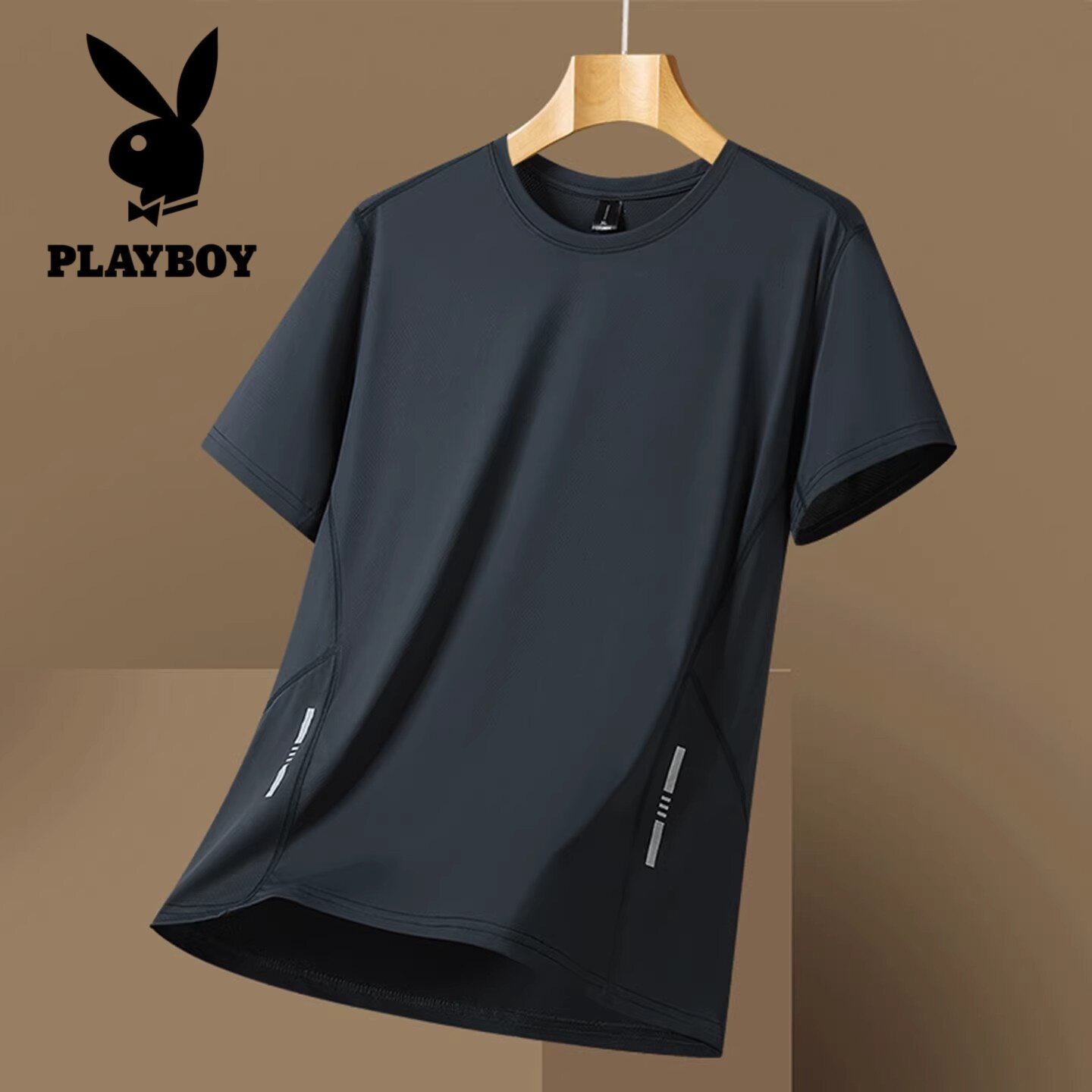 花花公子冰丝短袖T恤男士夏季宽松大码速干跑步上衣百搭圆领透气