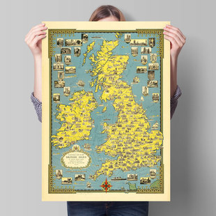 1939英国不列颠群岛插画地图海报 Isles英伦三岛复古墙画 British