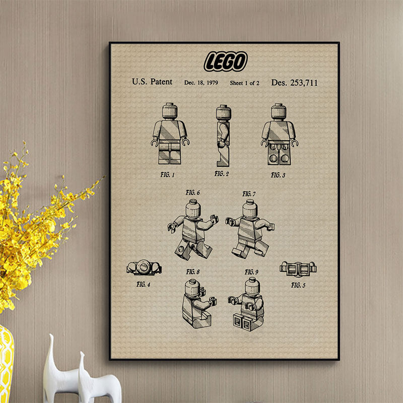 拼搭积木专利海报 玩具小人仔颗粒设计图复古工业风简约装饰画