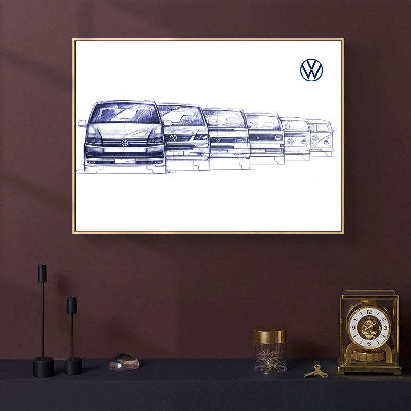 大众迈特威面包车设计稿装饰画 vw t1小巴士露营车演变手稿海报