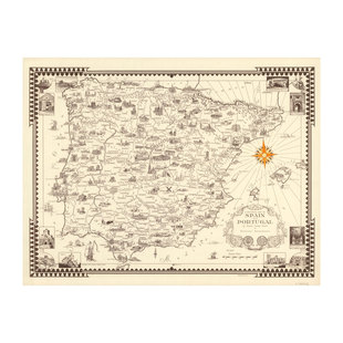 1935西班牙与葡萄牙旅游指南地图海报 西欧景点建筑装饰艺术墙画