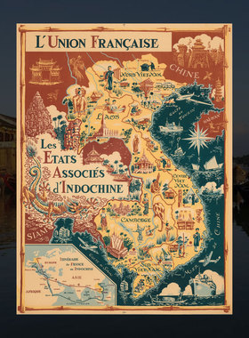 1948法属印度支那地图海报Indochine越南柬埔寨老挝地理人文墙画