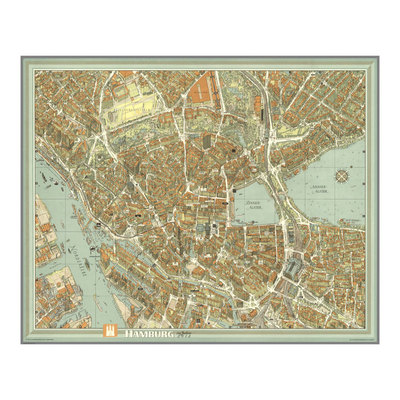 Hamburg德国汉堡市鸟瞰地图海报 海港城市街景复古客厅装饰画墙画