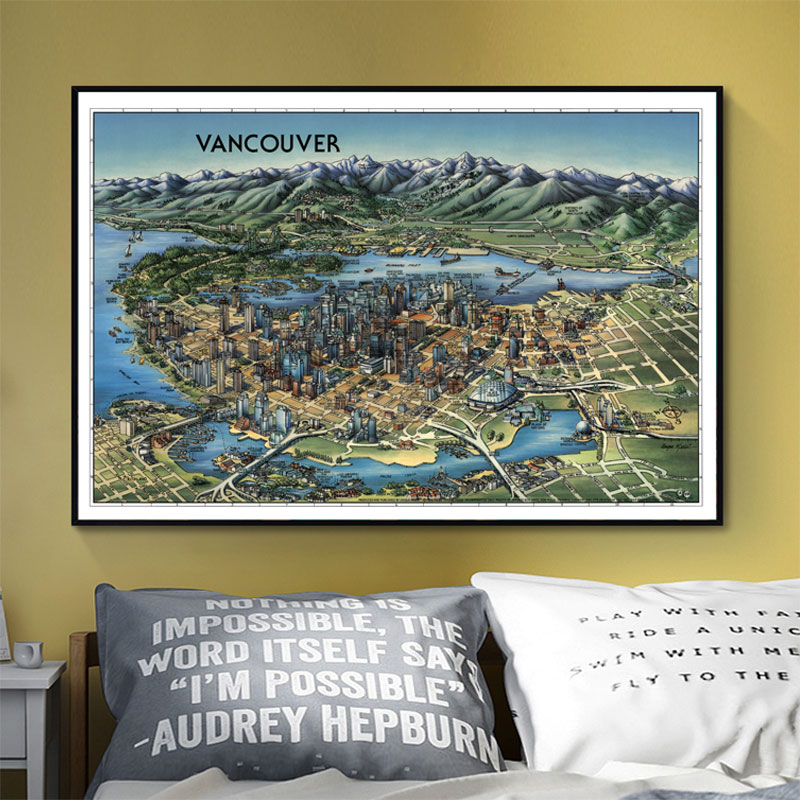 温哥华vancouver鸟瞰地图装饰画 加拿大华人移民城市建筑地理海报