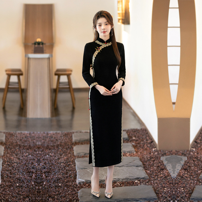 黑色水貂绒旗袍高端厚冬装高级感
