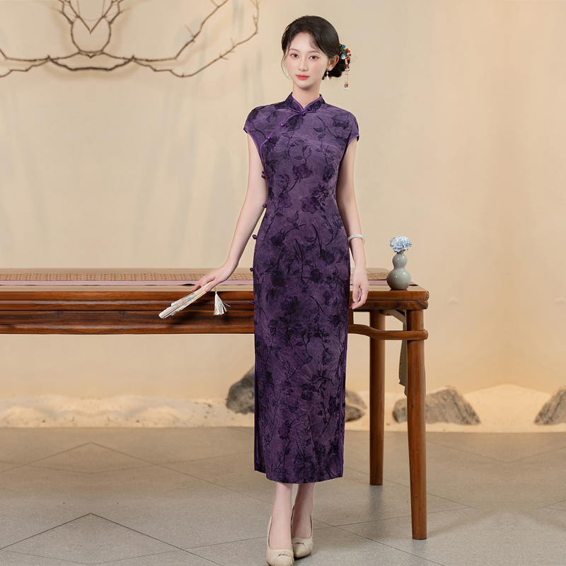 紫色旗袍妈妈女夏装冰丝扎染礼服