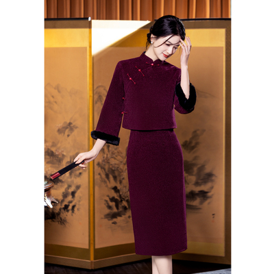 加厚紫旗袍冬保暖连衣裙2件套装
