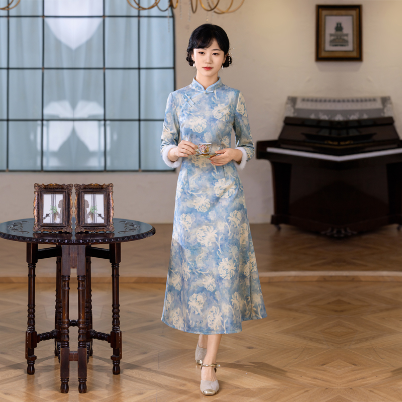 雪尼尔加绒旗袍改良连衣裙不开衩
