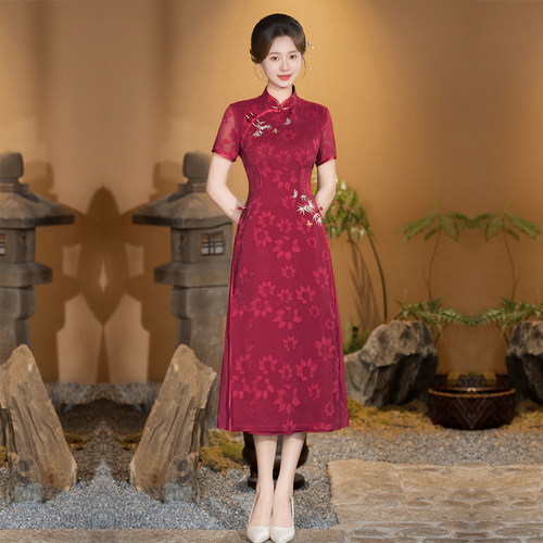 奥黛旗袍红色绣花连衣裙妈妈夏装