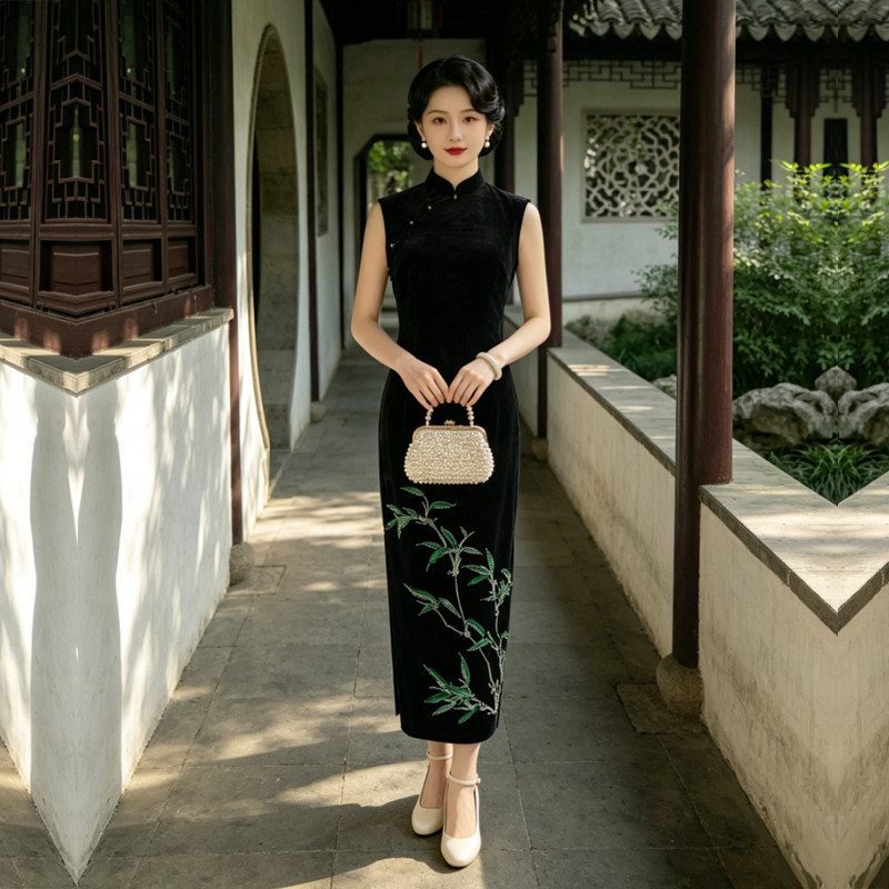 黑色无袖旗袍高级感中老年妈妈金丝绒高弹力连衣裙瑜伽跳舞蹈秋装