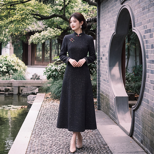 加绒长袖旗袍改良连衣裙黑色外套