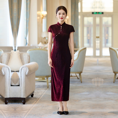 日常红色旗袍妈妈丝绒连衣裙秋装