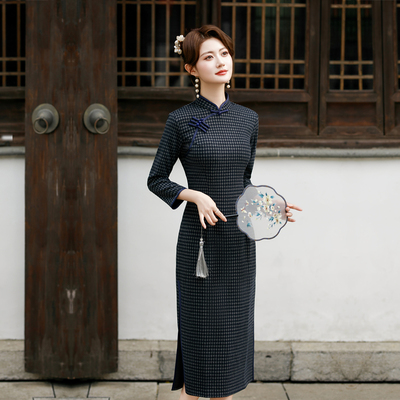 蓝色小格子旗袍妈妈长袖秋季女装