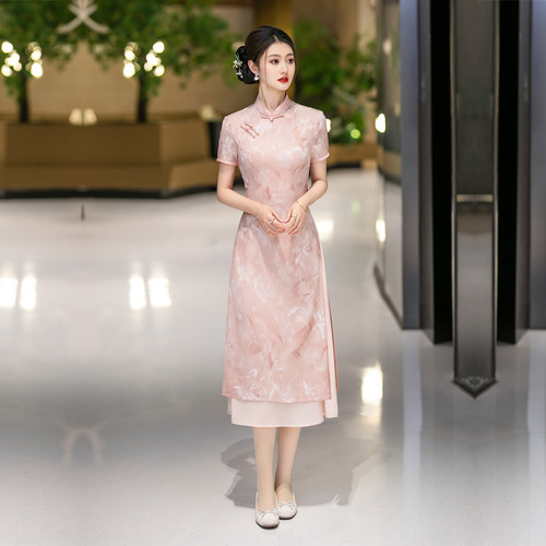粉色奥黛旗袍改良版女连衣裙夏季