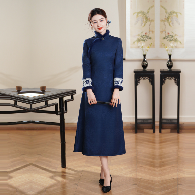 长袖蓝旗袍加厚改良连衣裙不开衩