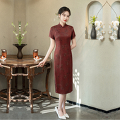 醋酸旗袍中长款 礼服特大码 小个子妈妈春秋季 气质年轻连衣裙新中式