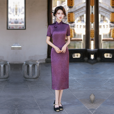 紫色旗袍新中式女夏装妈妈婚宴服