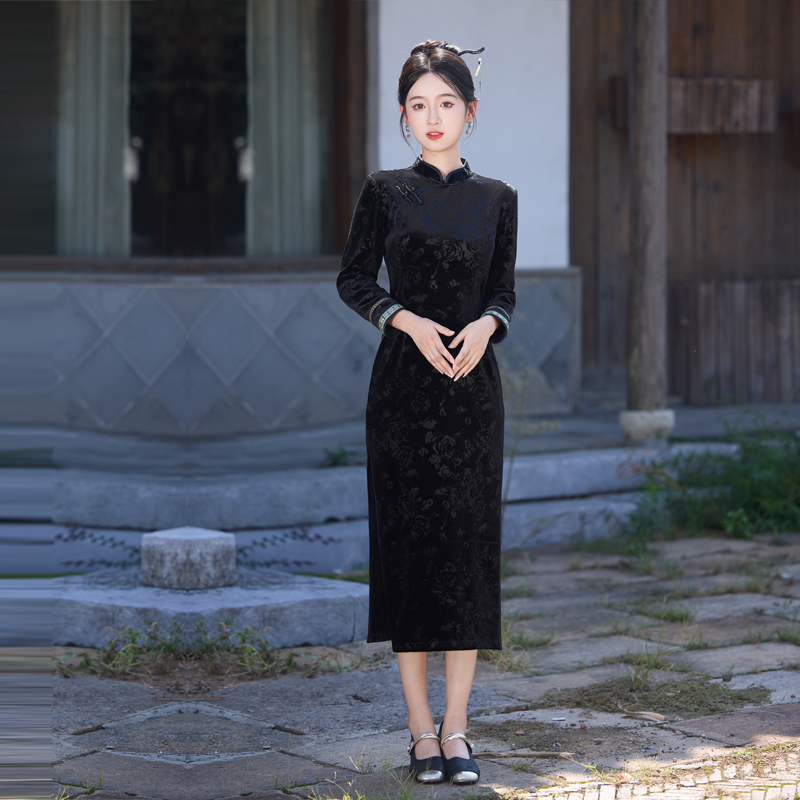 黑色丝绒旗袍长袖弹力冬装高级感