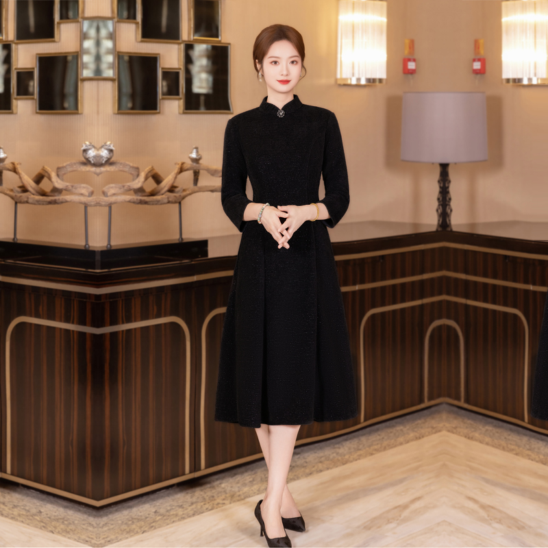 黑色加厚旗袍女冬装无开衩大摆裙