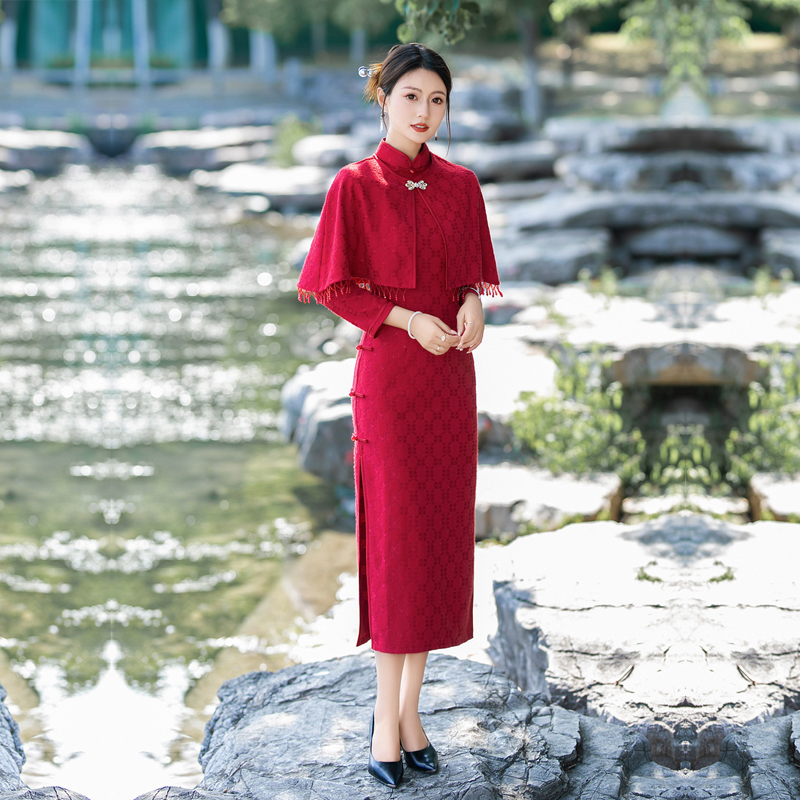 红色旗袍妈妈婚宴装长袖2件外套