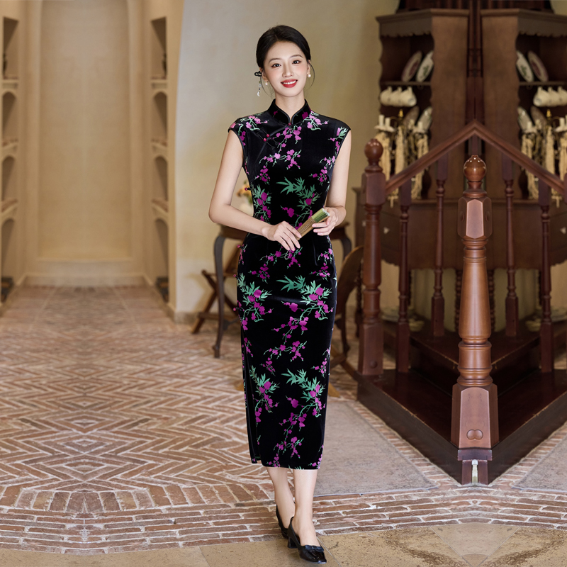 黑色金丝绒旗袍弹力年轻款妈妈跳舞蹈老上海气质连衣裙胖mm加大码